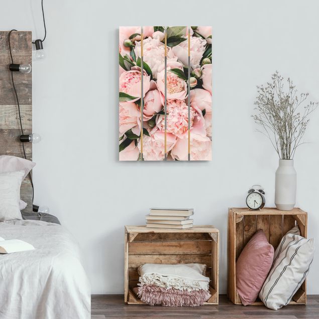 Tableaux en bois avec fleurs Pivoines roses avec feuilles