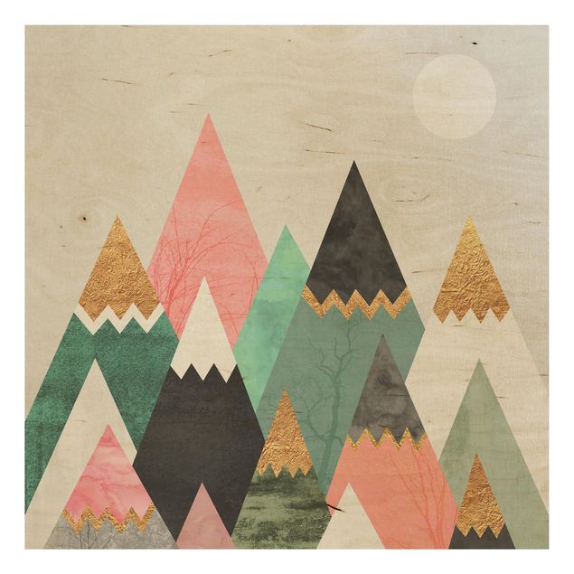 Tableaux en bois avec paysage Montagnes triangulaires avec pointes dorées
