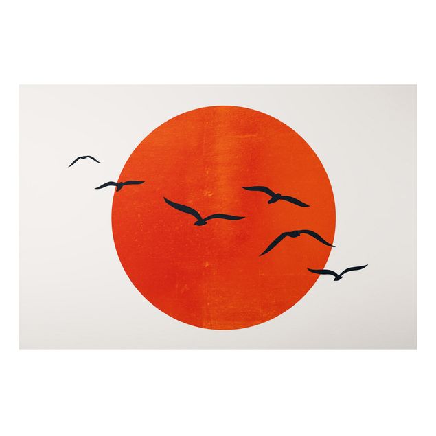 Tableau paysage Volée d'oiseaux devant le soleil rouge I
