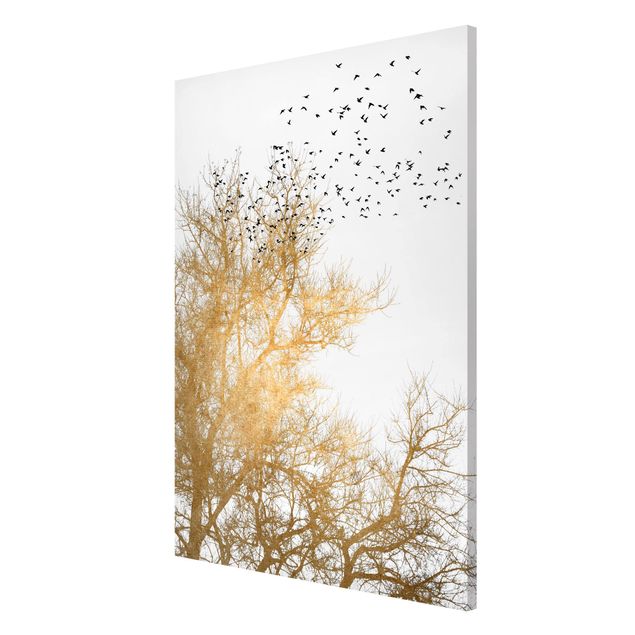 Tableau arbres Foule d'oiseaux devant un arbre doré