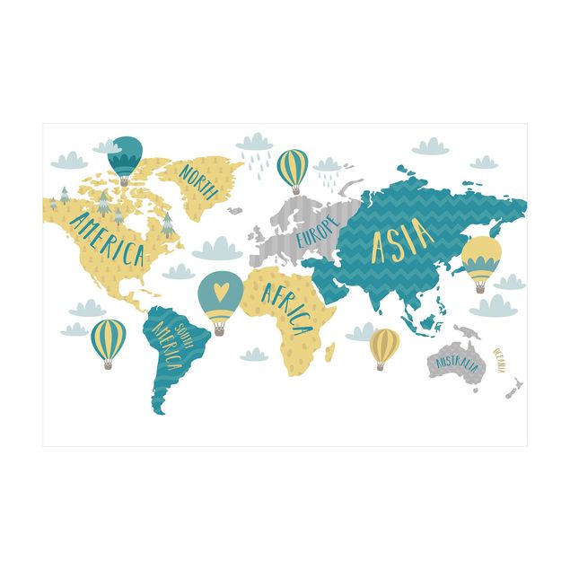 tapis mappemonde World Map with Hot-Air Balloon