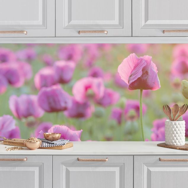 Déco murale cuisine Prairie de coquelicots violets au printemps