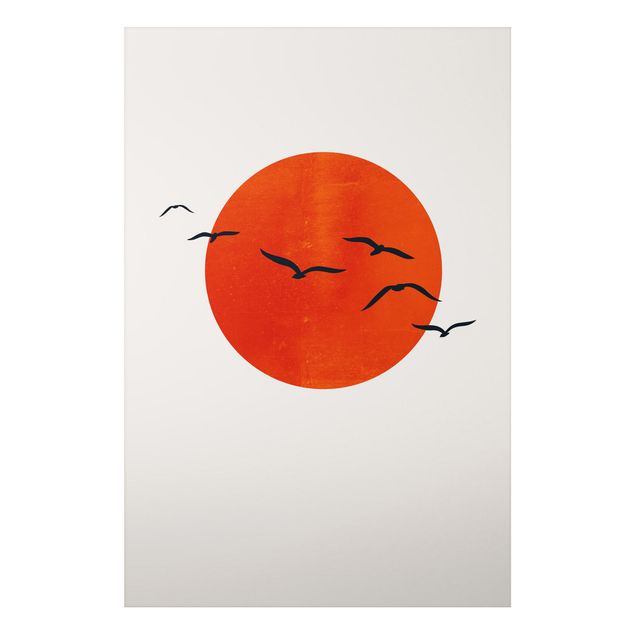 Tableau paysage Volée d'oiseaux devant le soleil rouge I