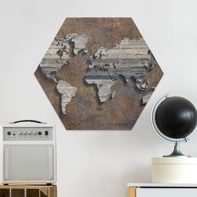 Tableaux moderne Carte du monde avec grille en bois