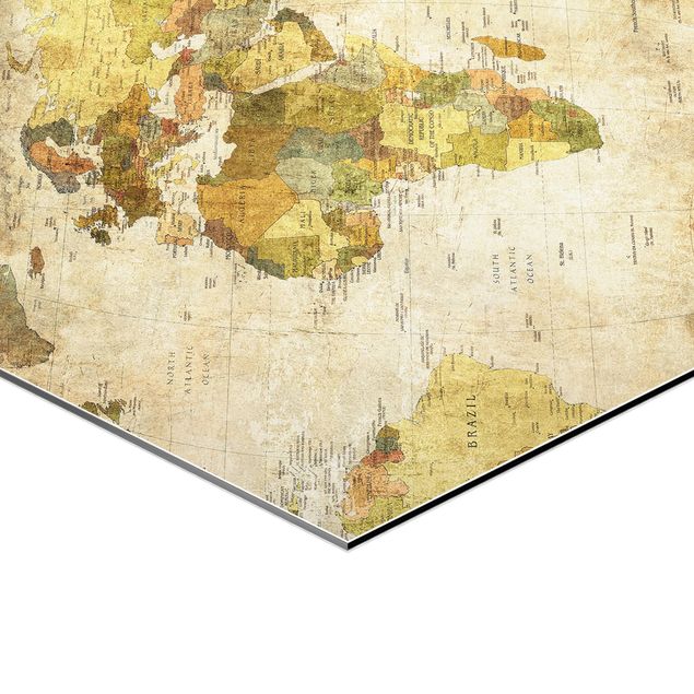 Hexagone en alu Dibond - World map