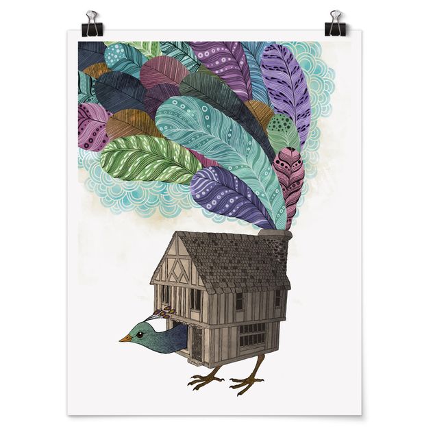 Affiche animaux Illustration Maison d'Oiseaux avec Plumes