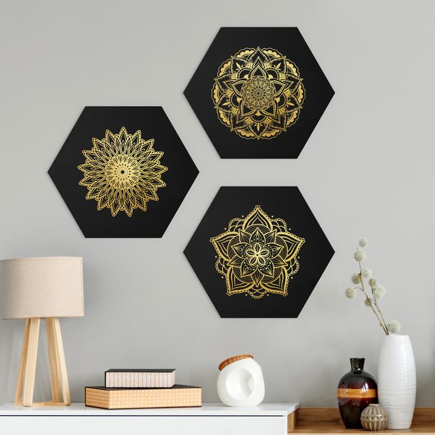 Déco mur cuisine Mandala Flower Sun Illustration Set Black Gold