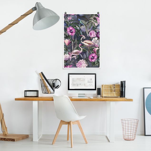 Tableaux modernes Collage coloré - Flamants roses dans la jungle