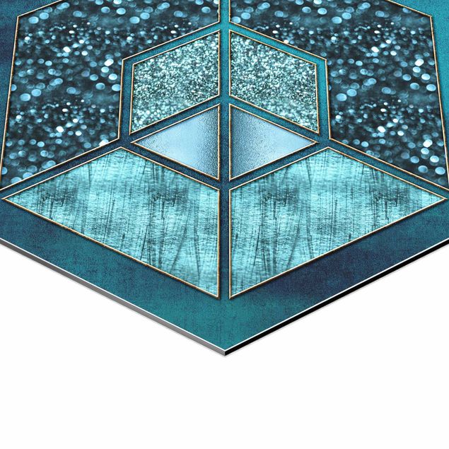 Tableau décoration Hexagone Bleu avec Contour Doré