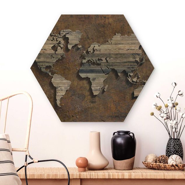 Décorations cuisine Carte du monde avec grille en bois
