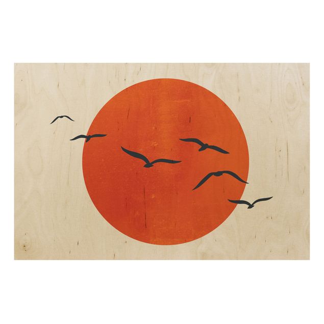Tableaux en bois avec paysage Volée d'oiseaux devant le soleil rouge I