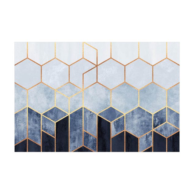 tapis abstrait Hexagones d'or bleu blanc