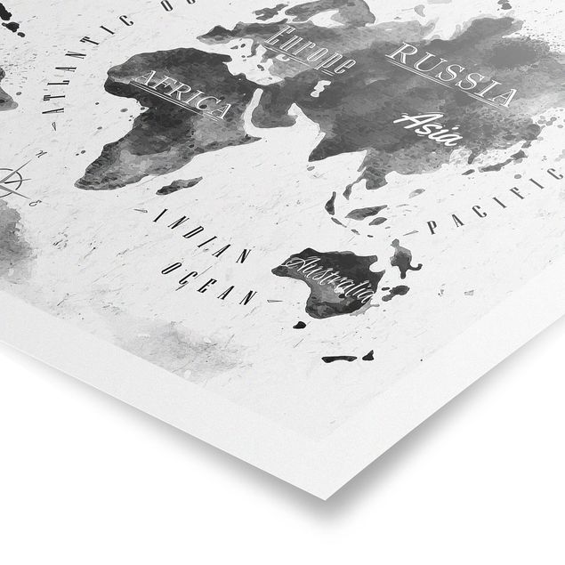 Tableaux noir et blanc Carte du Monde Aquarelle Noir