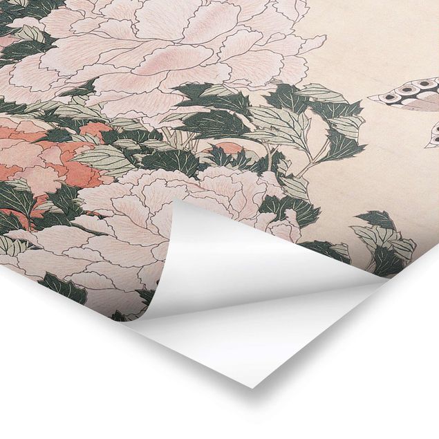 Tableau rose Katsushika Hokusai - Pivoines roses avec papillon