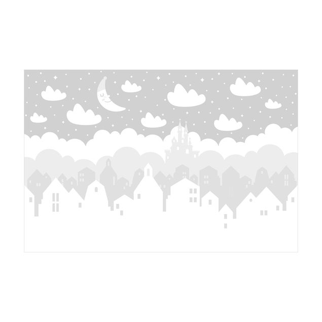 tapis gris Ciel étoilé avec maisons et lune en gris