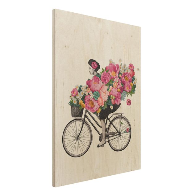 Déco mur cuisine Illustration Femme à Bicyclette Collage Fleurs Colorées