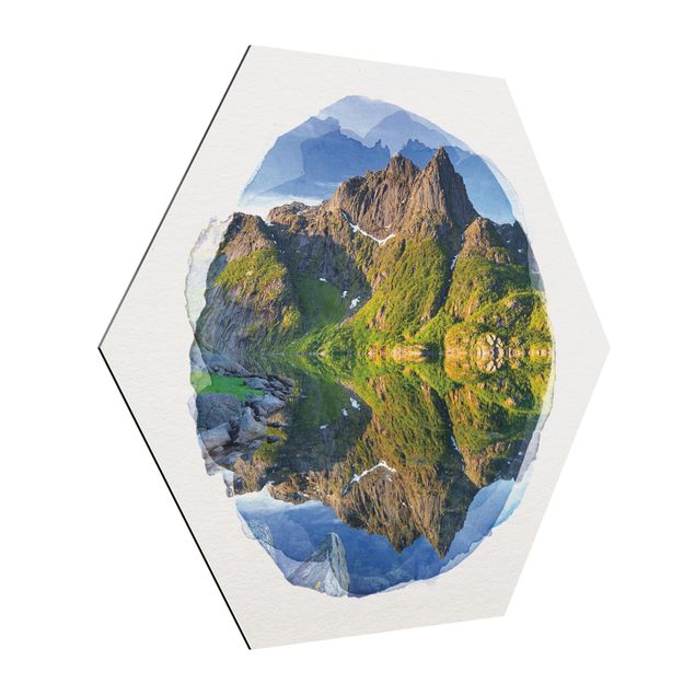 Tableau moderne Aquarelles - Paysage de montagne avec reflet d'eau en Norvège