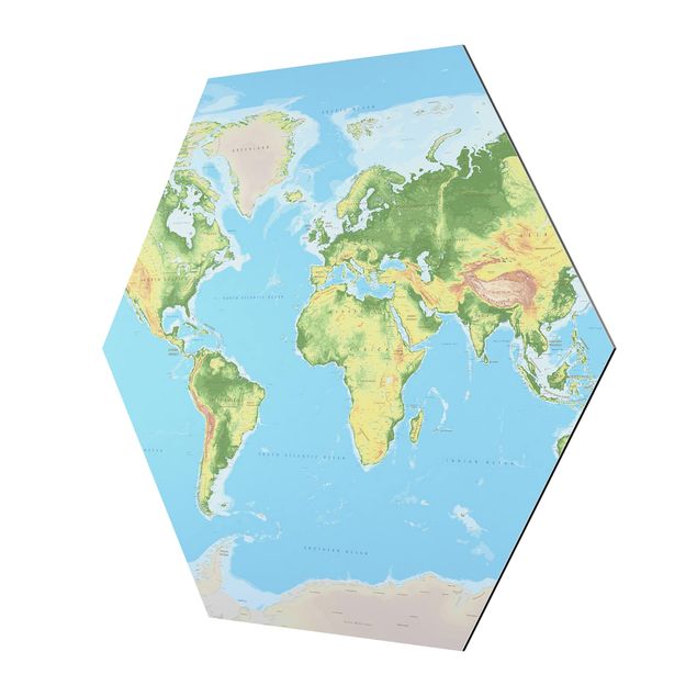 Tableau hexagon Carte du monde physique