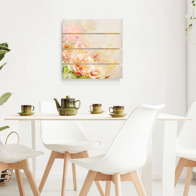 Tableaux en bois avec fleurs Composition de roses à l'aquarelle