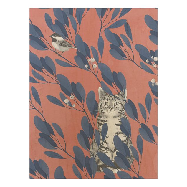Tableaux Illustration Chat et Oiseau sur une Branche Bleu Rouge