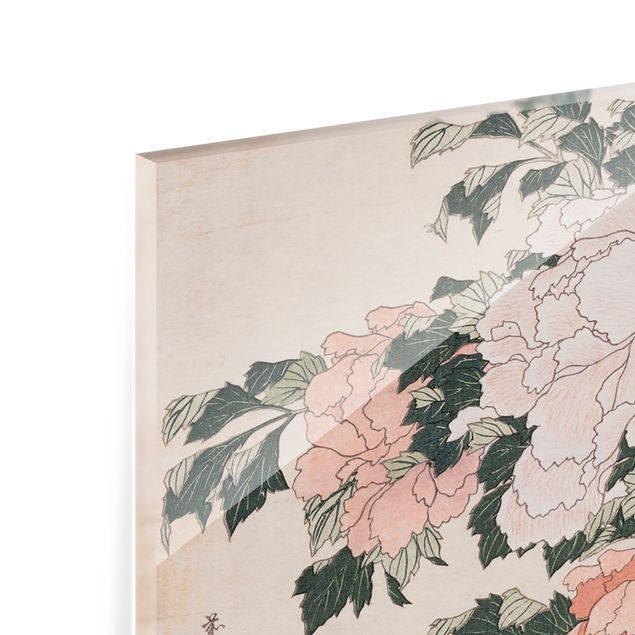 Reproduction tableaux célèbres Katsushika Hokusai - Pivoines roses avec papillon