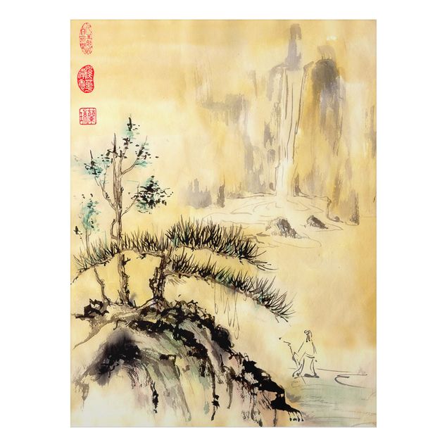 Tableaux paysage Dessin aquarelle japonais Cèdres et montagnes