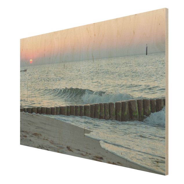 Tableaux en bois avec plage & mer Coucher de soleil sur la mer