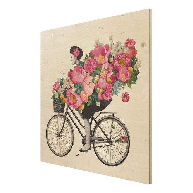 Tableaux en bois avec fleurs Illustration Femme à Bicyclette Collage Fleurs Colorées