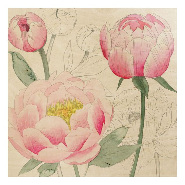 Tableaux en bois avec fleurs Dessin Pivoines rose clair II