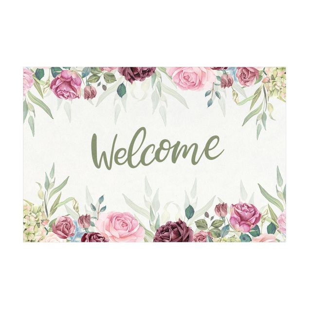 tapis pastel Welcome - Bienvenue aux aquarelles florales