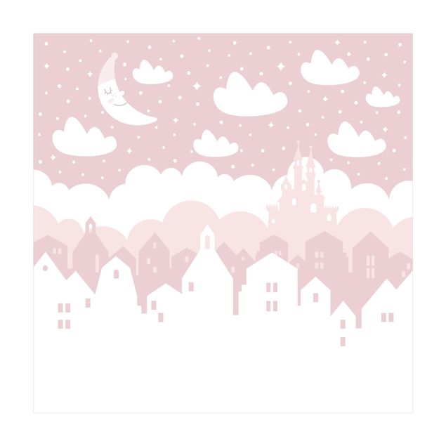 grand tapis salon Ciel étoilé avec maisons et lune en rose