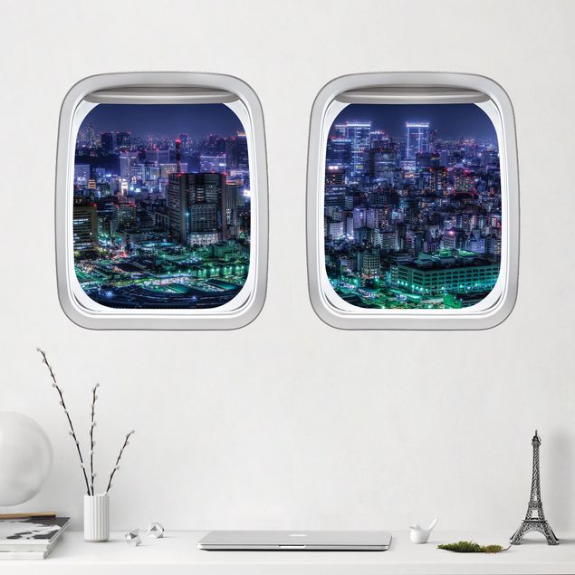 Stickers muraux villes Hublot d'avion Tokyo la nuit