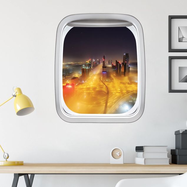 Stickers muraux ville Hublot d'avion Dubaï La Nuit Dans Le Brouillard