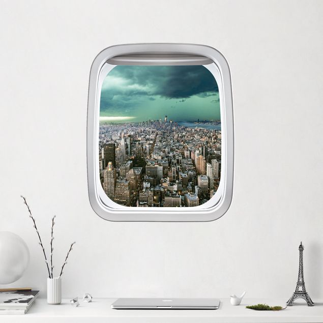 Sticker mural 3D - Aircraft Window Skyline New York In The Storm