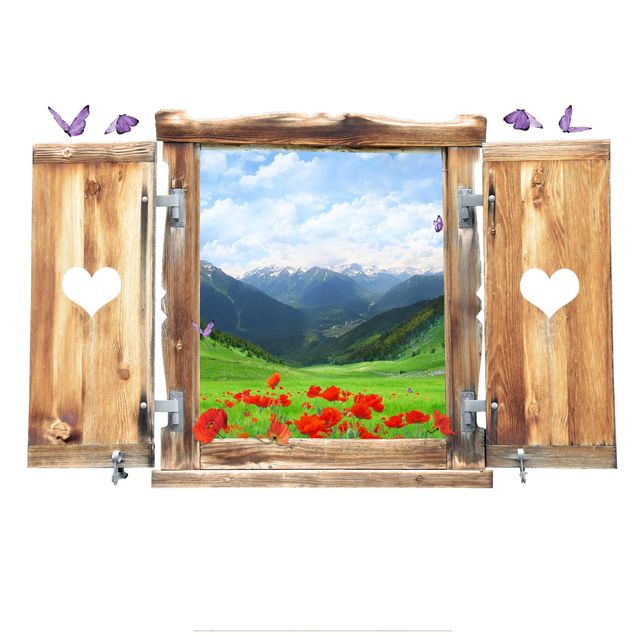 Autocollant mural 3d Fenêtre avec cœur prairie alpine