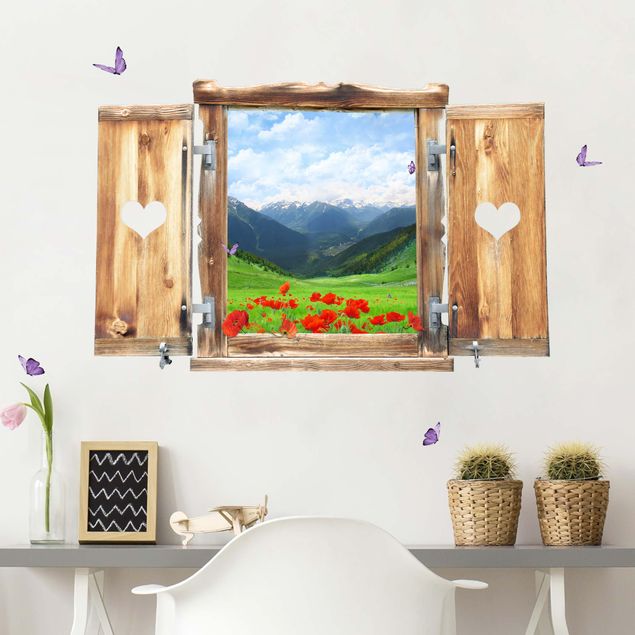Déco murale cuisine Fenêtre avec cœur prairie alpine