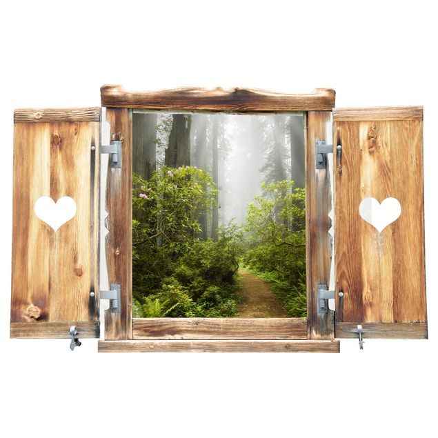 Sticker mural 3d Fenêtre brumeuse avec cœur sentier dans la forêt