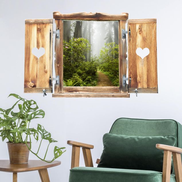 Déco mur cuisine Fenêtre brumeuse avec cœur sentier dans la forêt