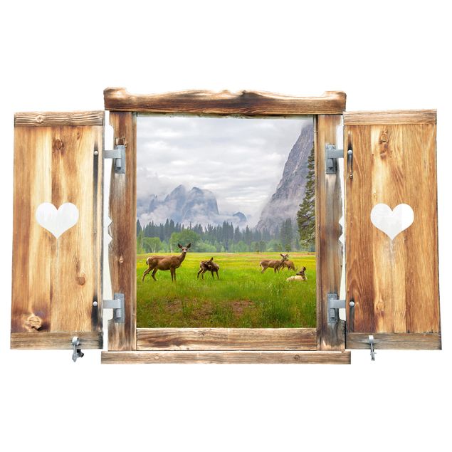 Sticker mural animaux Fenêtre avec cœur Cerf Dans Les Montagnes