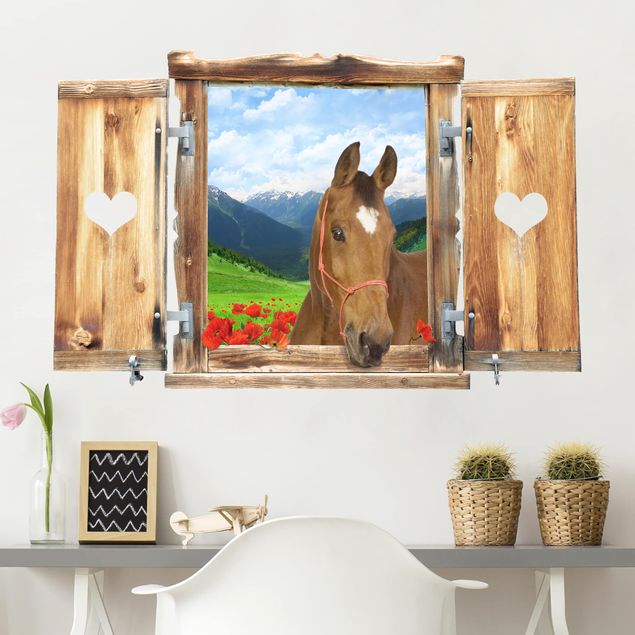 Déco mur cuisine Fenêtre avec cœur et cheval prairie alpine