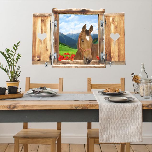 Sticker mural chevaux Fenêtre avec cœur et cheval prairie alpine