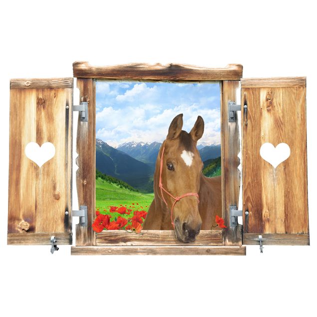 Sticker mural fleurs Fenêtre avec cœur et cheval prairie alpine