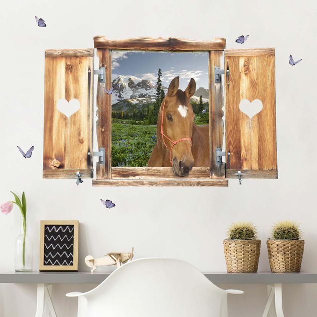 Stickers muraux chevaux Fenêtre avec cœur et cheval prairie alpine Sentier De Montagne