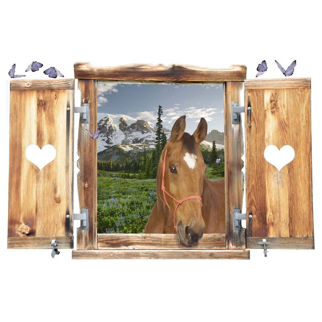 Stickers muraux 3d Fenêtre avec cœur et cheval prairie alpine Sentier De Montagne