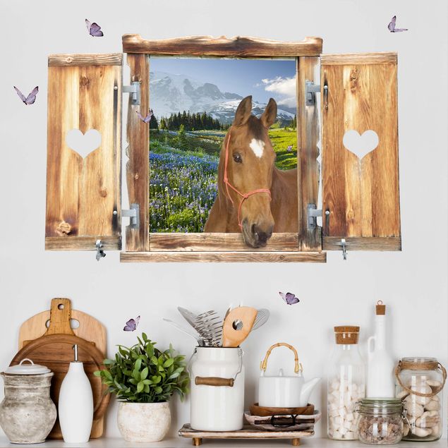 Déco murale cuisine Fenêtre avec cœur et cheval prairie alpine avec Fleurs