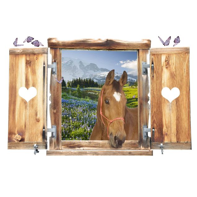 Autocollant mural 3d Fenêtre avec cœur et cheval prairie alpine avec Fleurs