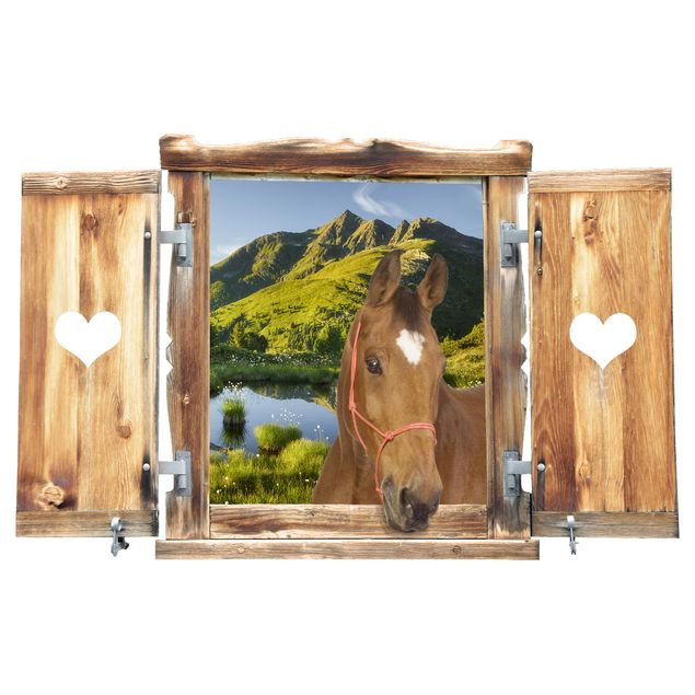 Stickers muraux 3d Fenêtre avec cœur et cheval regardant dans Le Defereggental