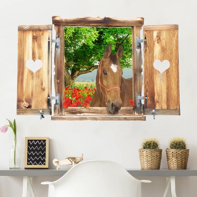 Déco murale cuisine Fenêtre avec cœur et cheval Prairie