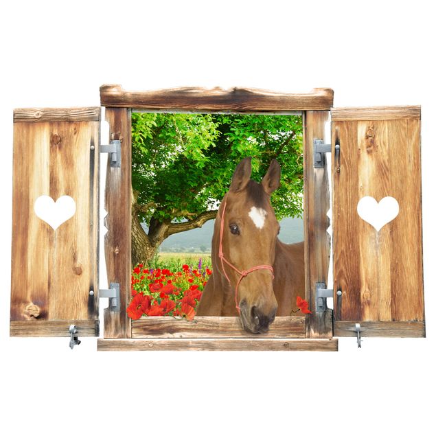 Stickers muraux arbre Fenêtre avec cœur et cheval Prairie