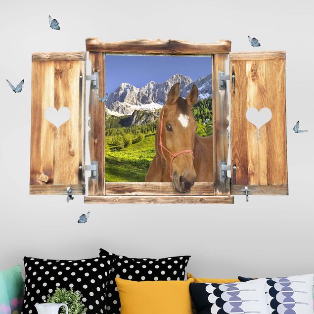 Déco mur cuisine Fenêtre avec cœur et cheval prairie alpine de Styrie